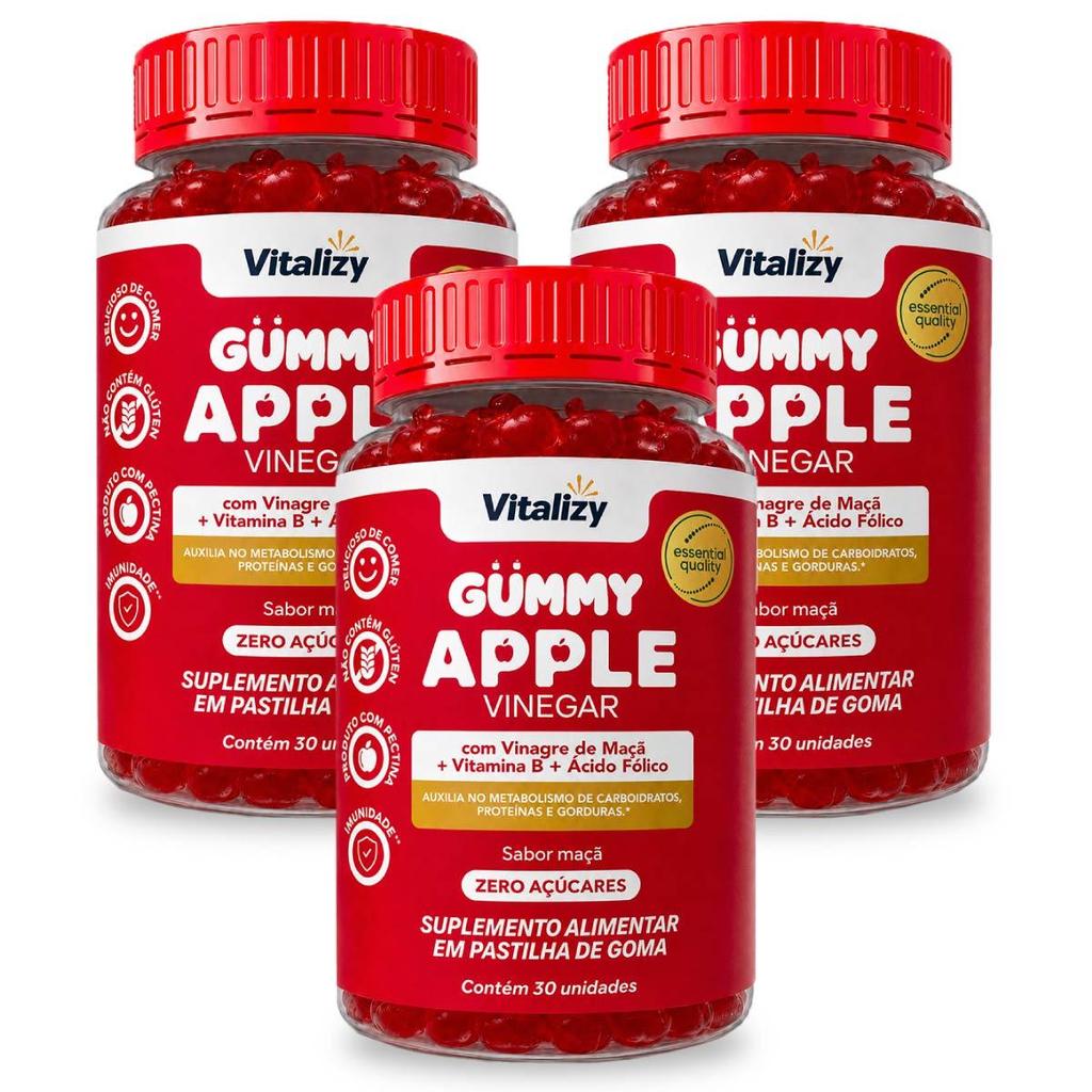 Kit 3x30 Gummy Vinagre de Maçã em Gomas Apple Cider Vinegar Zero Açúcar Vitalizy