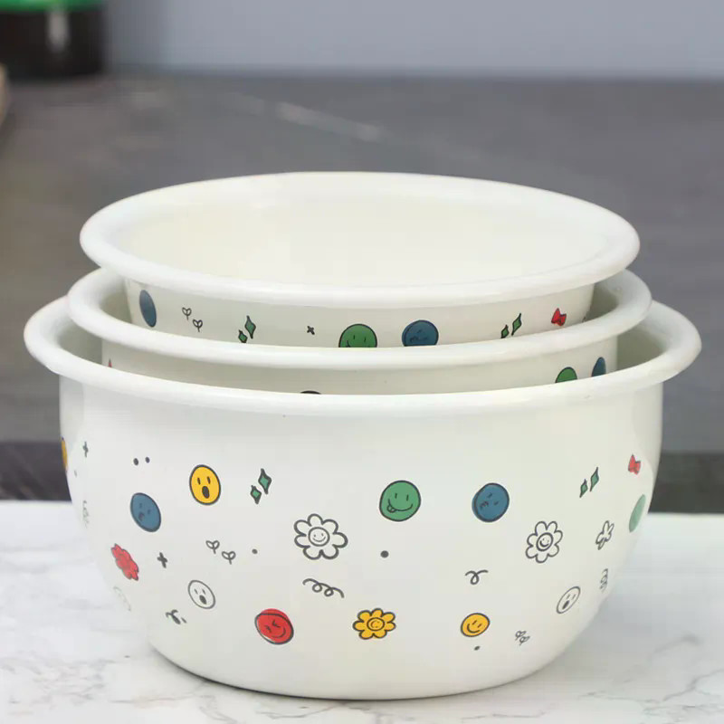 Tigela esmaltada esmaltada retrô, tigela de desenho animado, tigela fofa para comer, macarrão, ovo cozido no vapor, tige
