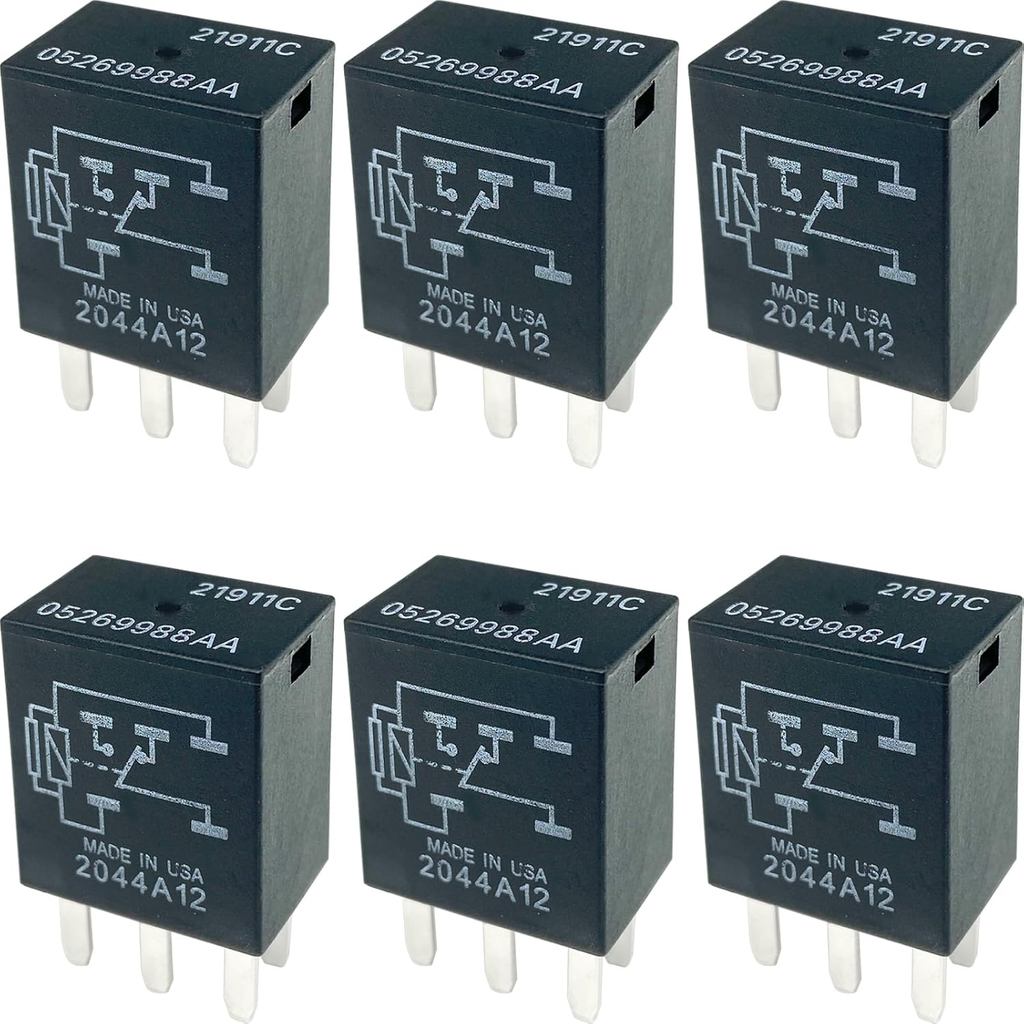 Pacote com 6 Relés 21911C 05269988AA 12VDC 10A 5-Pinos SPDT para Automóveis - Compatível com Veículos Selecionados da Ch