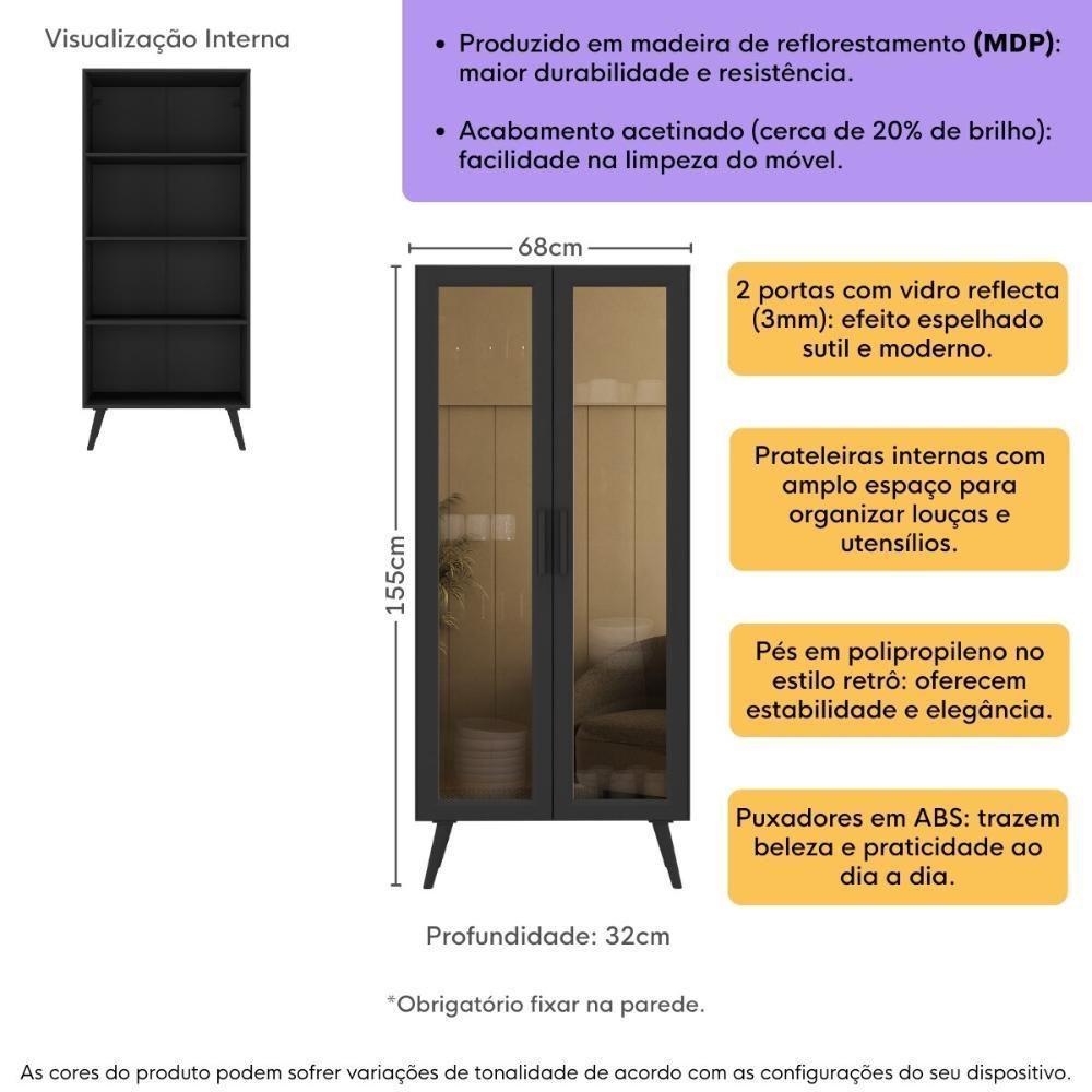 Cristaleira Com 2 Portas De Vidro Retrô 68cm Urban Multimóveis Mp6040 Preto · foto 2