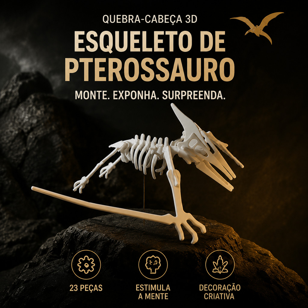 Quebra-Cabeça 3D Esqueleto Pterossauro 23 Peças | Dinossauro para Montar Educativo e Decorativo