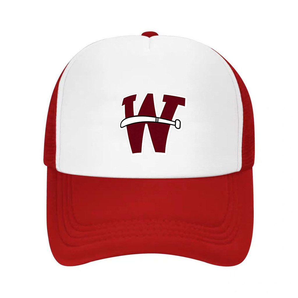 Boné Trucker Vintage Varsity W com Gráfico de Clube de Golfe, Frente Branca, Tela Vermelha Respirável, Boné Esportivo de