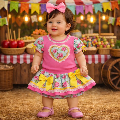 Roupa de Festa Junina Bebê Menina Conjunto Body Saia Rosa Luxo Caipira Arraiá Quadrilha Mesversário Ensaio