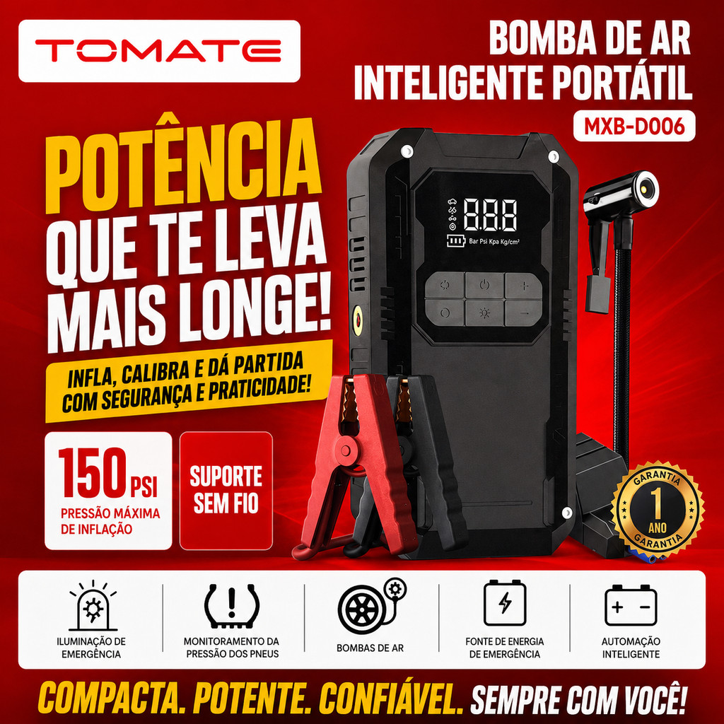 Bomba de Ar Inteligente Portátil Tomate MXB-D006 150 PSI com Compressor Sem Fio, Lanterna LED e Função Auxiliar