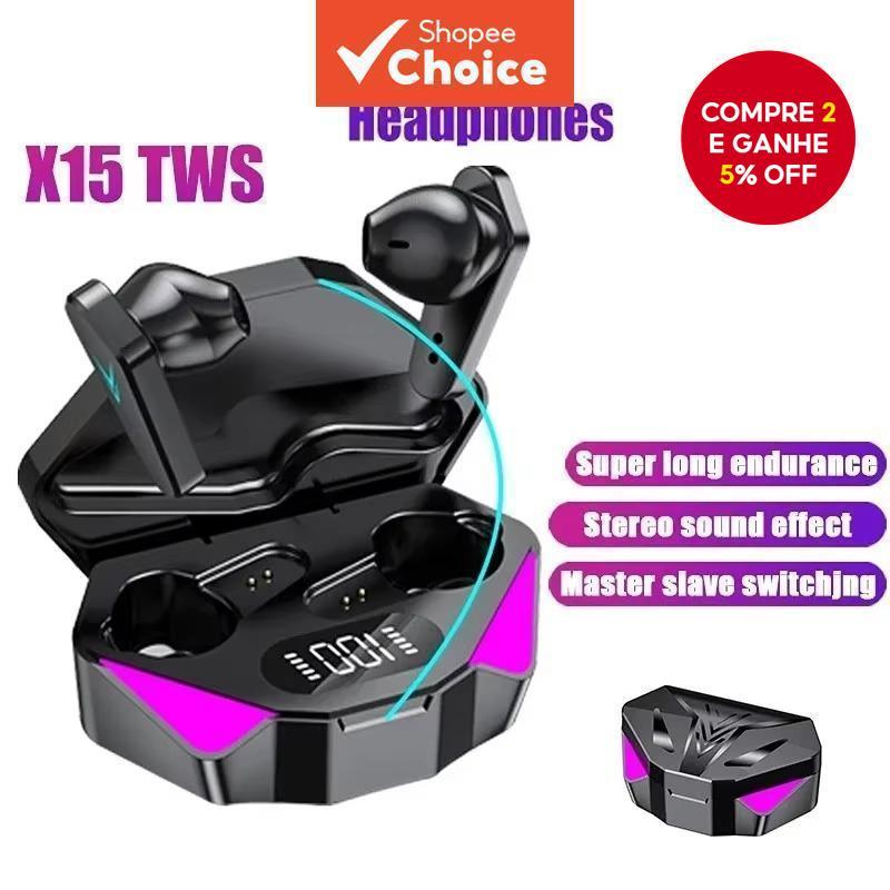 Fones de Ouvido Gamer X15 TWS Sem Fio Bluetooth com Microfone, Graves, Áudio, Posicionamento de Som 9D, Estéreo,