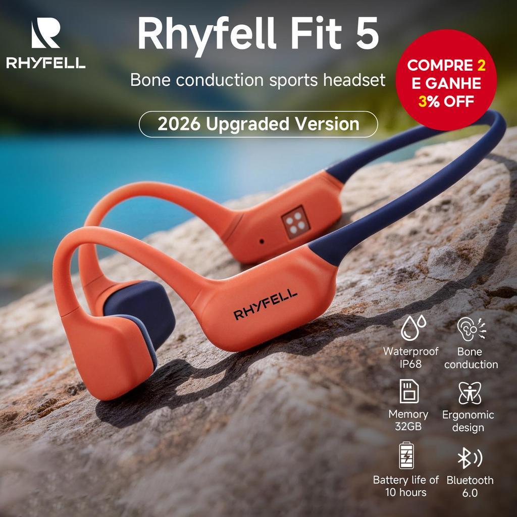 Fones de Ouvido Sem Fio Bluetooth 6.0 Condução Óssea RHYFELL FIT 5, Classificação IP68 à Prova D'água, 10h de Bateria,