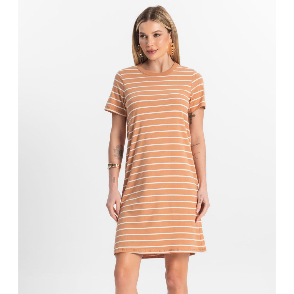 Vestido Feminino Cotton Listrado Rovitex Marrom
