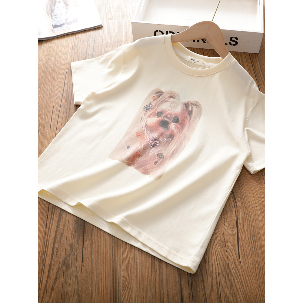 Meninas puro algodão verão novo estilo de manga curta camiseta médio grande crianças estilo ocidental impressão Digital 