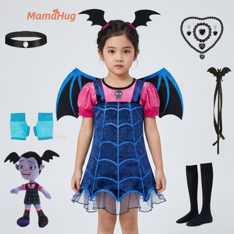 Fantasia de Vampiro de Halloween para Meninas, Vestido de Vampiro Estilo Little Nana com Asas, Padrão de Caveira e Serei