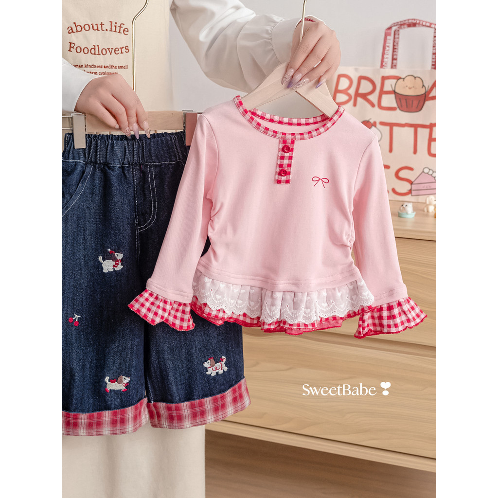 Meninas primavera terno moda impresso manga comprida camiseta estilo ocidental xadrez renda camisa de fundo Jeans de dua