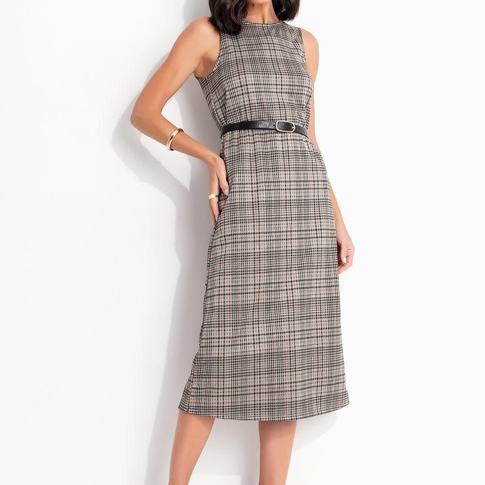 Vestido Xadrez Bege Em Malha De Alfaiataria Quintess
