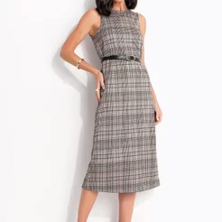 Vestido Xadrez Bege Em Malha De Alfaiataria Quintess