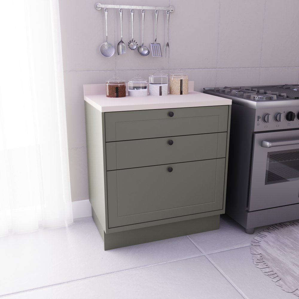 Balcão de Cozinha 3 Gavetas 100% MDF 80cm sem Tampo Sevilha Herval Verde/Hill Verde