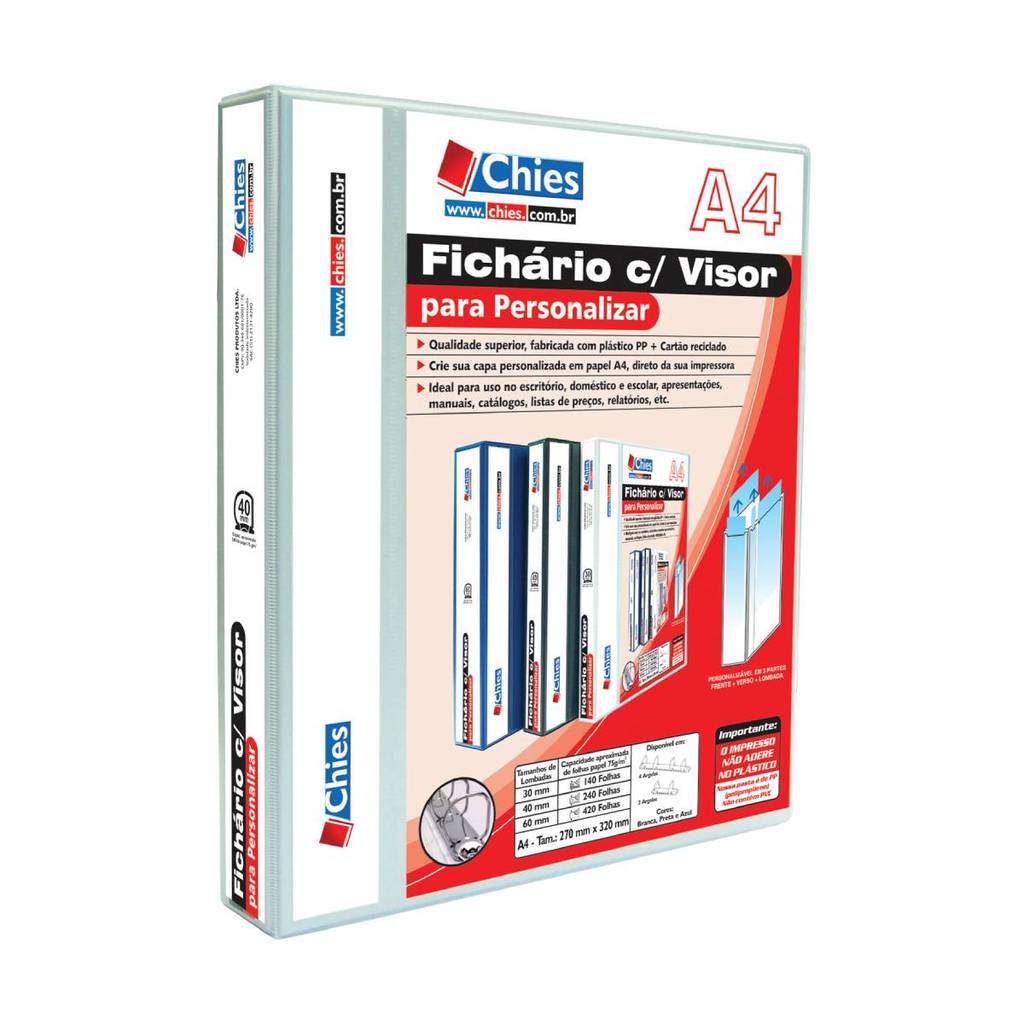 Fichário revestido com cristal A4 Branco 40mm 1378 com 4 argolas Chies