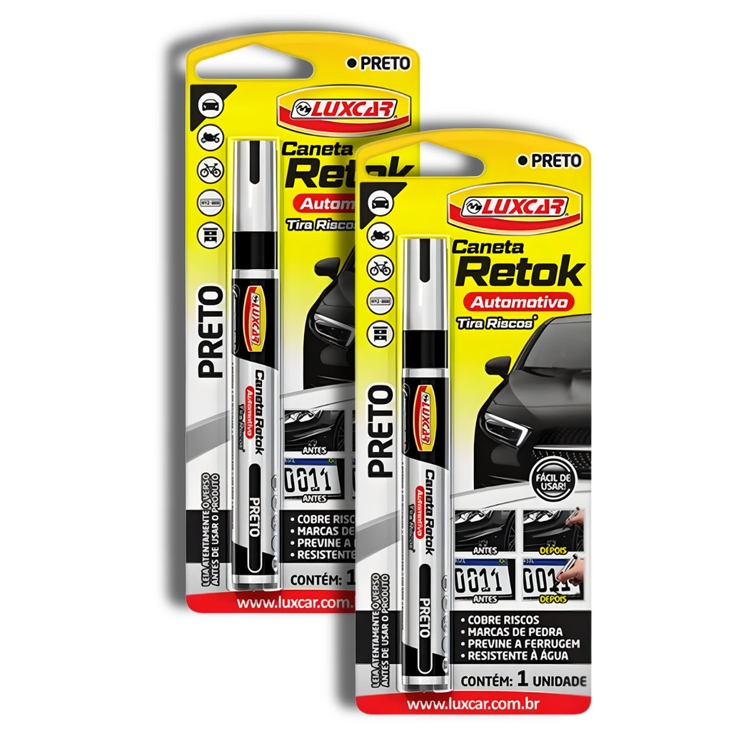 Kit 2 Canetas Tira Riscos Carro Preto Luxcar Retok Cobre Arranhão Automotivo Previne Ferrugem Resistente a Água 2 Peças
