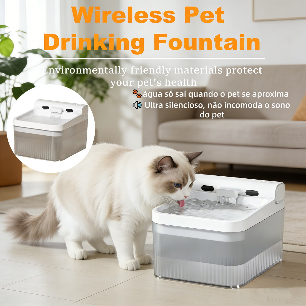 Bebedouro Automático 3L Sem Fio para Pets Gatos Cães Sensor de Movimento Filtragem Silencioso Recarregável USB