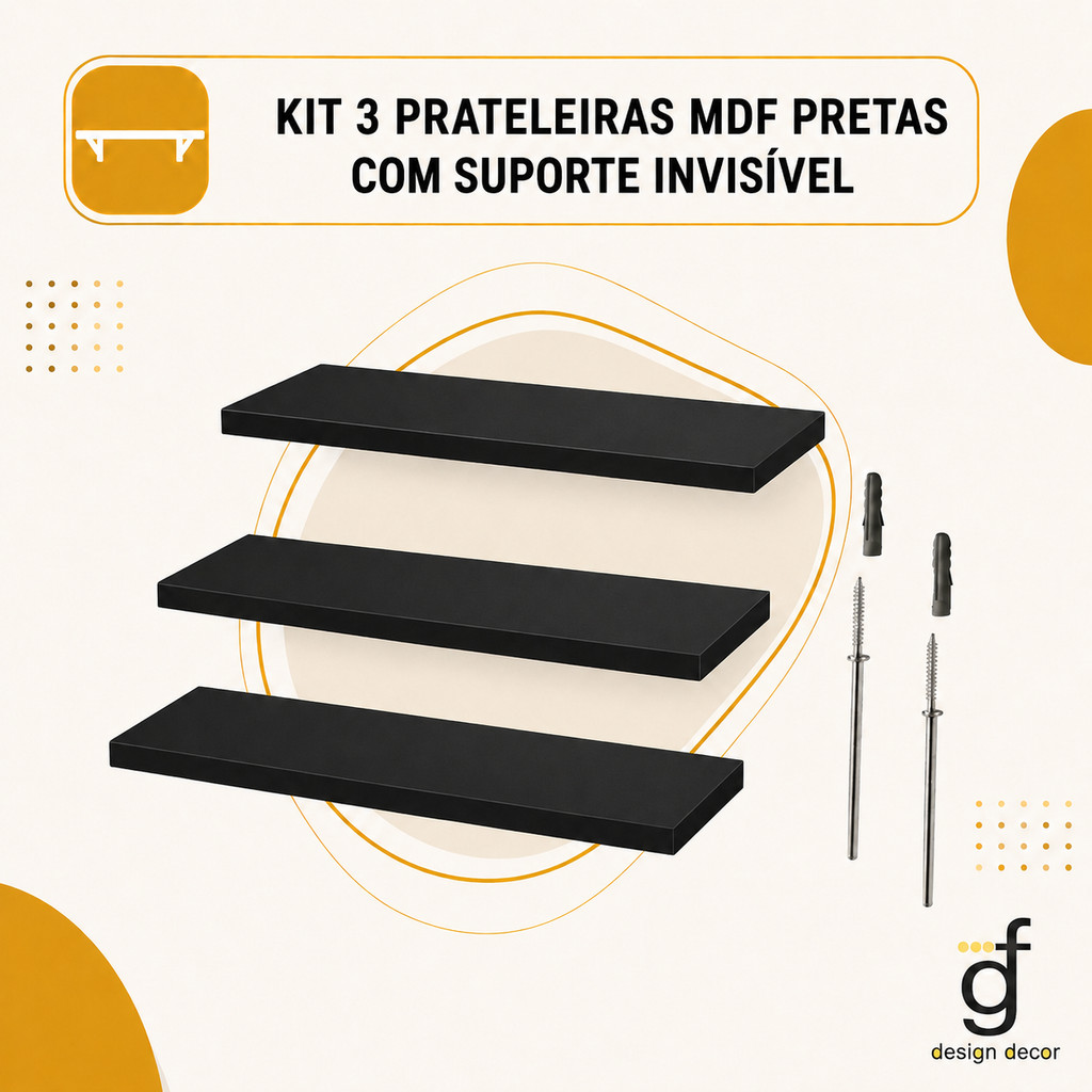 Kit 3 Prateleiras Preto Mdf 60x20 - 50x17 -45x20 Com suporte invisível