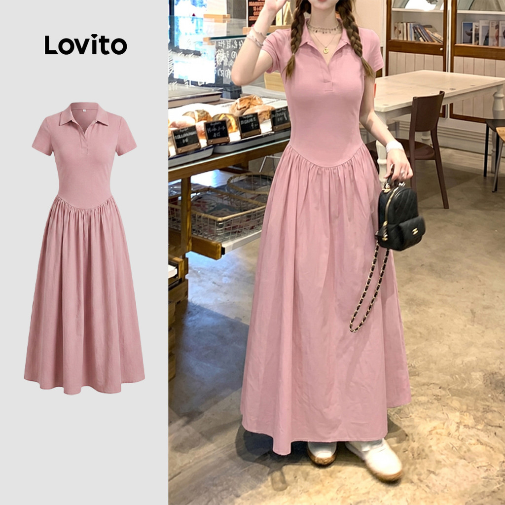 (Casual) Lovito Vestido Azul Costura Em Tecido Para Primavera/verão Ideal Para M