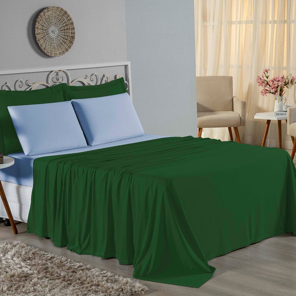 Jogo de Cama Solteiro Nobre 3 Peças Lençol com Elástico de 30cm de Altura Malha 100% Algodão - Verde-Bandeira / Azul-Beb