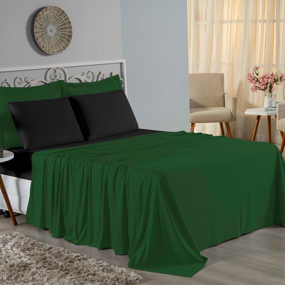 Jogo de Cama Solteiro Nobre 3 Peças Lençol com Elástico de 30cm de Altura Malha 100% Algodão - Verde-Bandeira / Preto