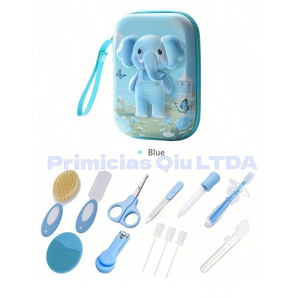 Kit Completo de Higiene para Bebê Estojo Portátil Animais Divertidos com 13 Peças, Azul/Rosa P.QIU