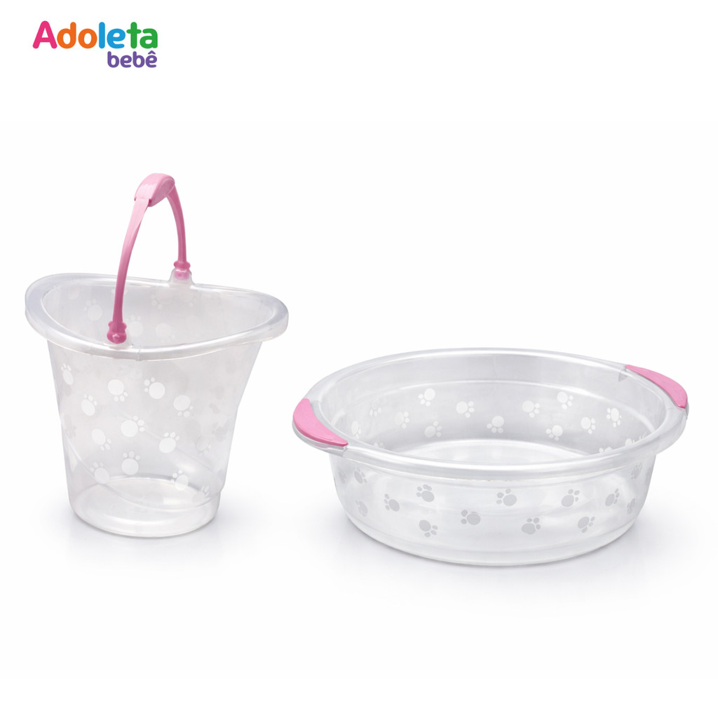 Kit Bacia 6 L + Balde 8 L | Transparente com Rosa | Adoleta | Banho Infantil
