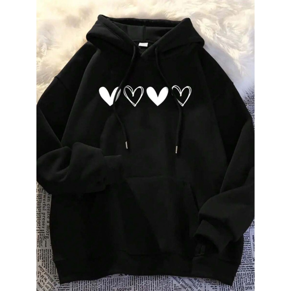 Moleton Feminino Streetwear com capuz flanelado canguru confortavél desenho corações fofo casual flanelado