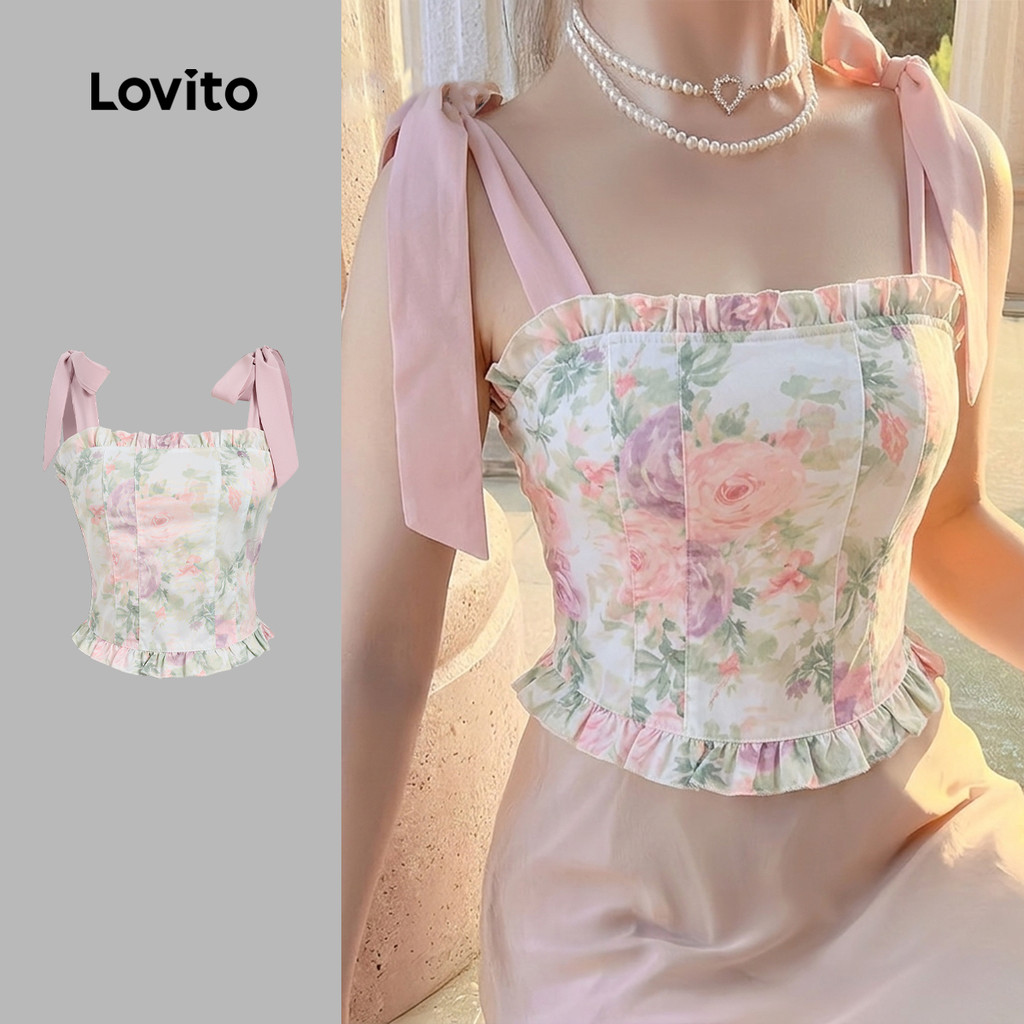 Lovito Floral Top Vintage com Amarração e Colorblock para Primavera/verão Cor Ro
