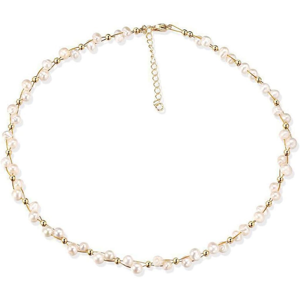 Colar de Pérolas de Água Doce Naturais K-Elewon para Mulheres, Colar Delicado com Pérolas Barrocas Banhado a Ouro 18K, J