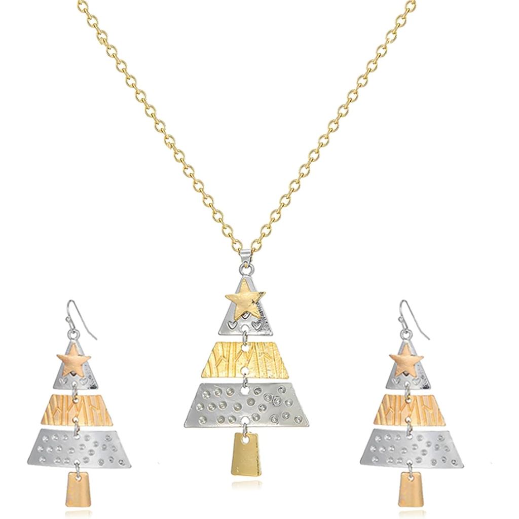 Conjunto de Colar e Brincos de Árvore de Natal para Mulheres, Brincos Pendentes de Metal Esmaltado em Forma de Árvore de
