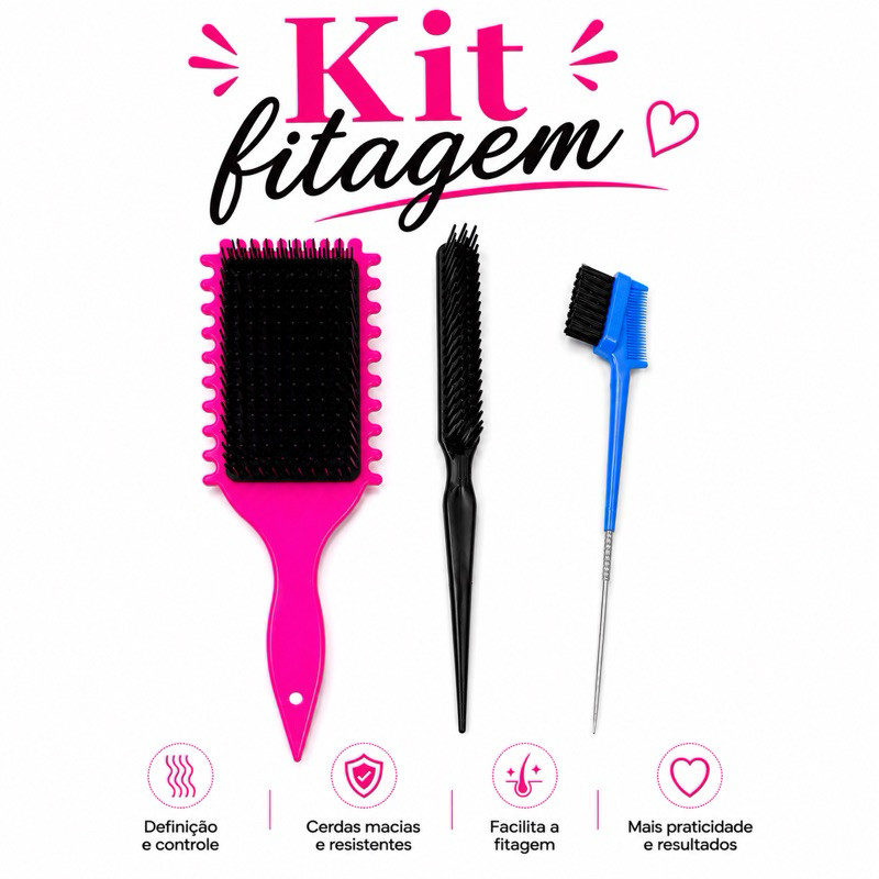 Kit Fitagem 3 em 1 Escova Finalizadora + Escova Baby Hair + Pente tres fileiras Separador Cachos