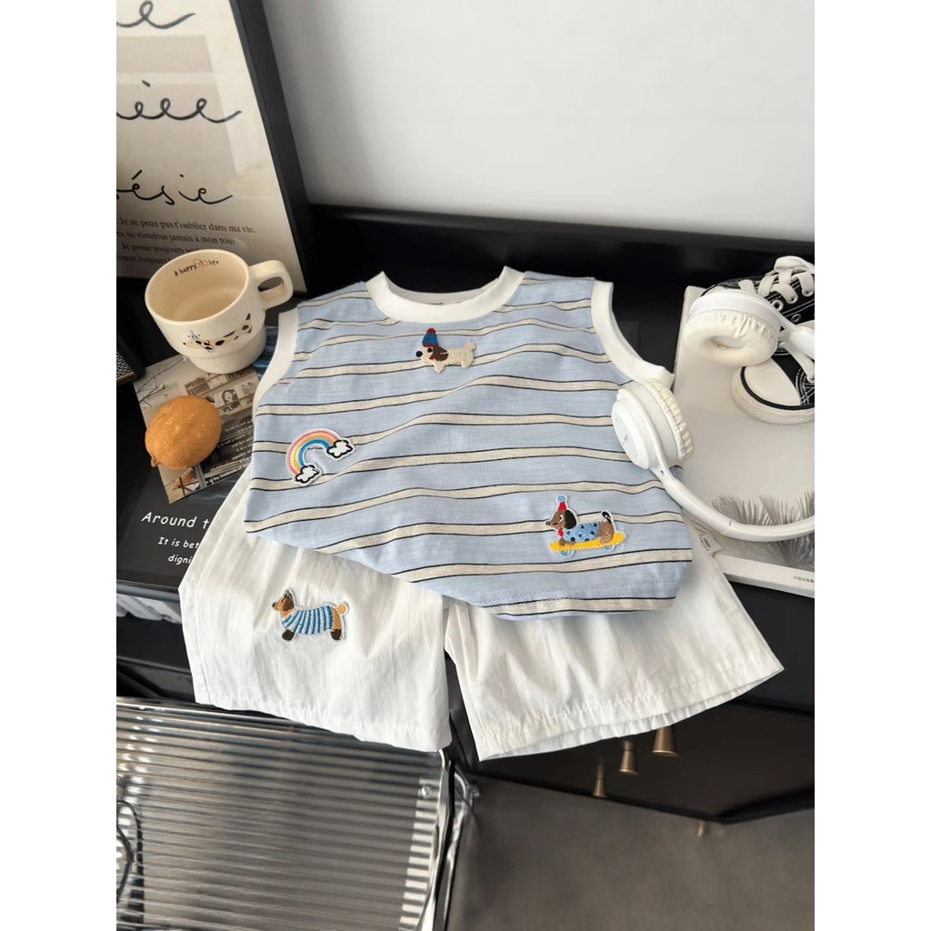 Meninos colete Shorts terno verão fino dos desenhos animados arco-íris bordado camiseta crianças puro algodão Casual con
