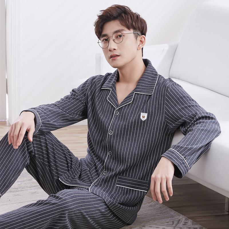 Pijamas masculinos outono puro algodão de manga comprida juventude Cardigan solto outono inverno Homewear terno primaver