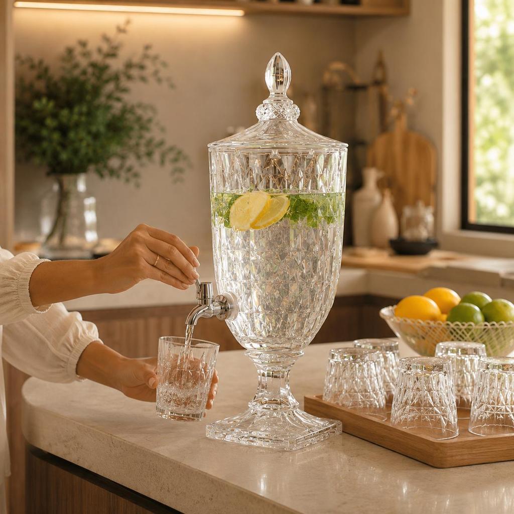 Suqueira de Vidro Cristal 4,5L Diamond Transparente Dispenser Suco para Festa e Decoração de Eventos