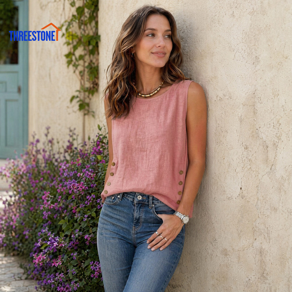 Stretchy Women Tops Loose Women’s Summer Round Neck Pure Color Pullover Vest Office Wear Perfect for Work Party Vacati