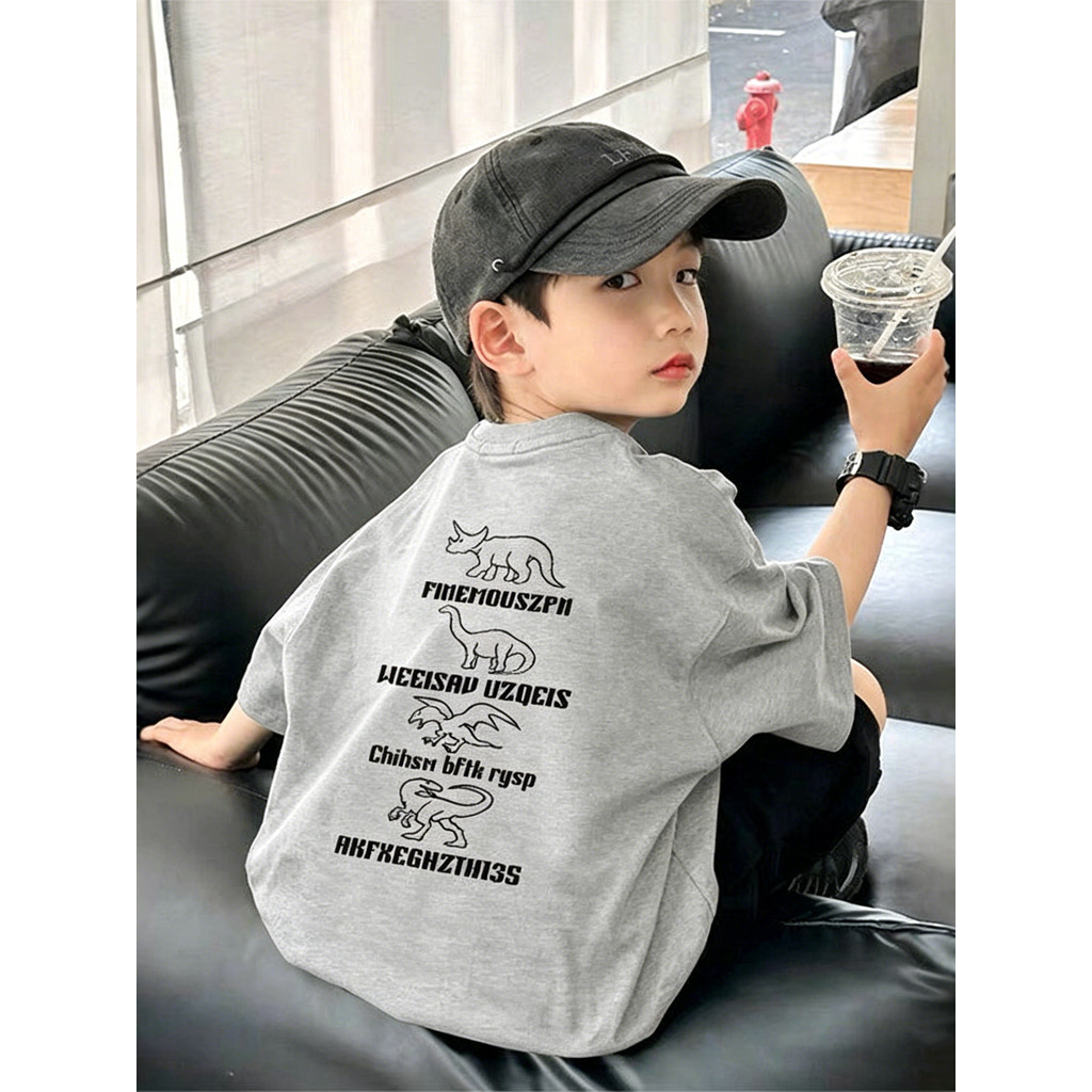 Americano na moda legal crianças de manga curta algodão topo verão dinossauro impresso camiseta meninos solto Casual mei