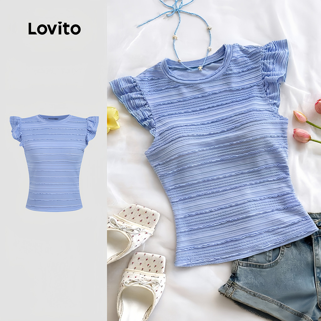 Lovito Top Elegante com Textura Blusa Cinza-azulado de Primavera/verão para mulheres LK4ED1734