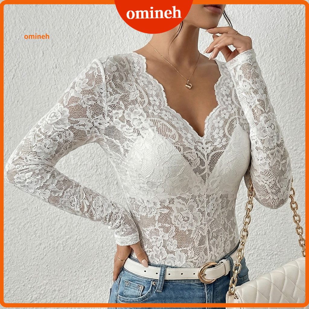 Lace Design Top Women Tops Women’s V-neck Long Sleeve Blouse Hollow Embroidery Slim Fit Pullover with Mesh Detail Eleg