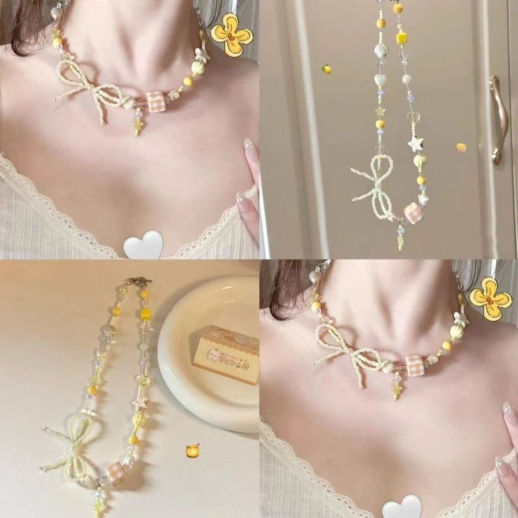 {Mel enlatado comida} creme amarelo frisado arco colar feminino nicho High-End clareamento doce clavícula corrente acess