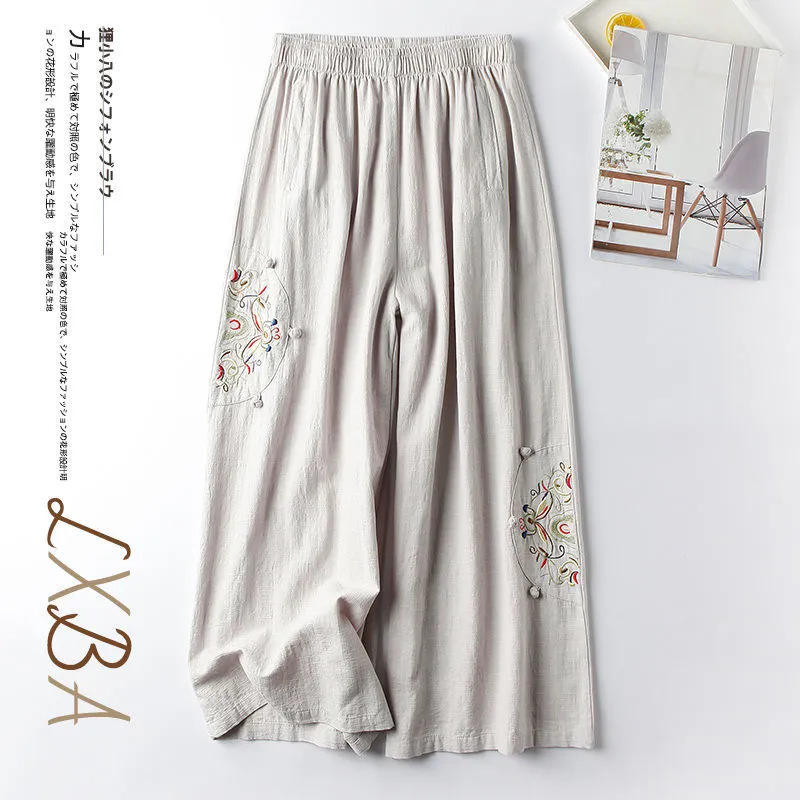 Calças casuais de linho de algodão calças femininas primavera verão fino Retro estilo étnico bordado calças de perna lar