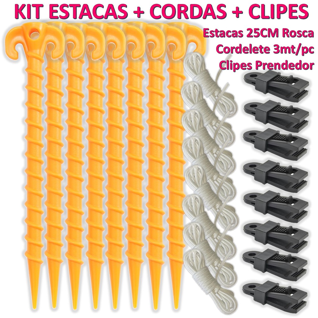 Kit 8 Estacas + 8 Cordas + 8 Garras Jacaré Ancoragem Tenda Gazebo Barracas Camping Praia Cor:Laranja