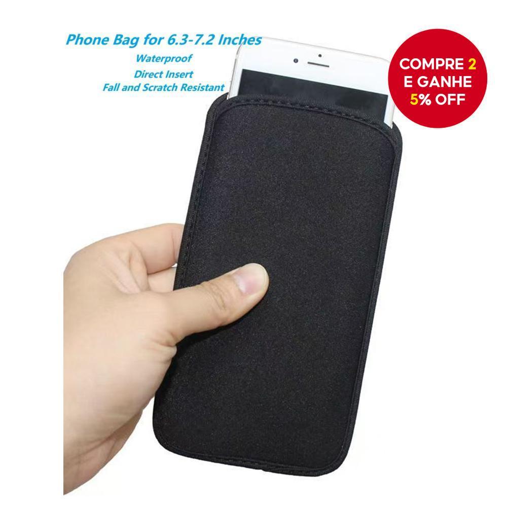Capa para celular à prova d'água de neoprene, suporta telefones de 6,3 a 7,2, resistente a quedas e riscos.