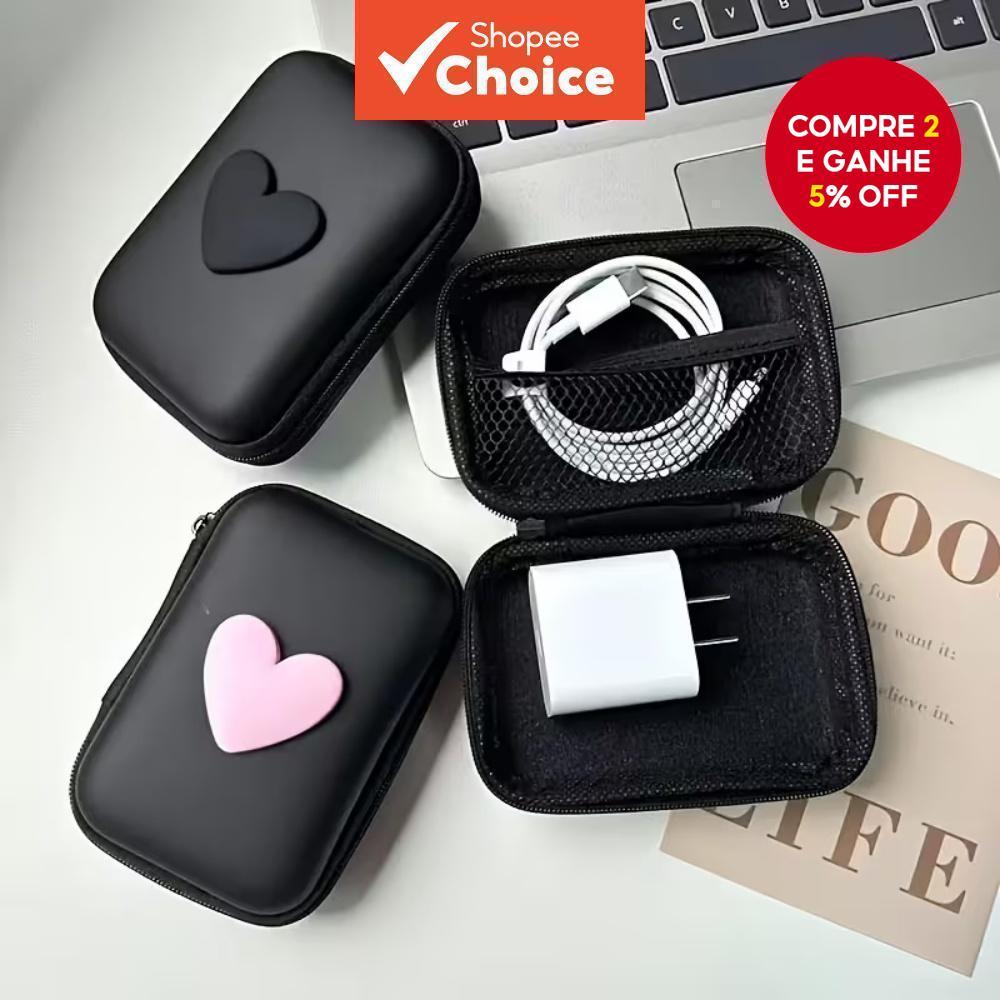 Bolsa Portátil para Fone de Ouvido em Formato de Arco e Coração - Estojo com Zíper Antiqueda para Cabo de Dados e