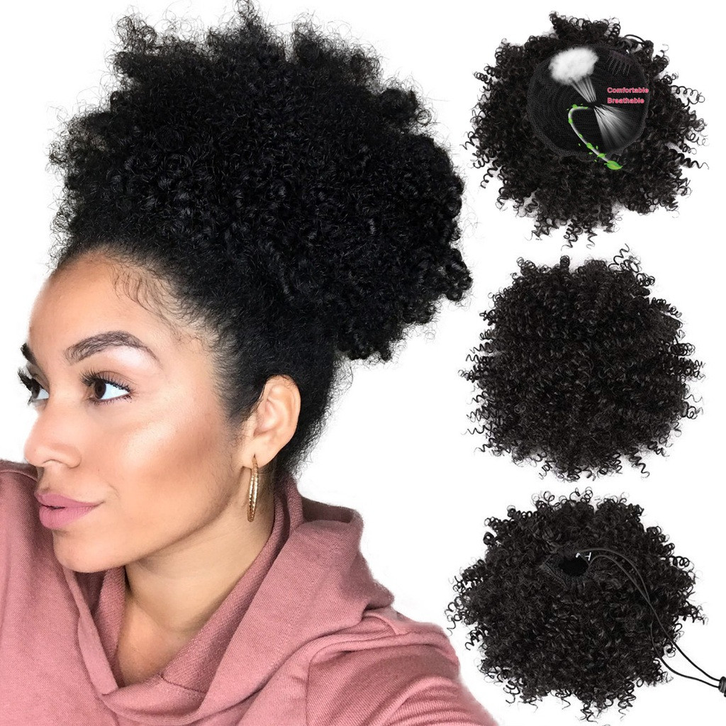Extensão De Rabo De Cavalo Afro Puff Para Mulheres Negras , Halloween Curto Sintético Preto Marrom Premium ,