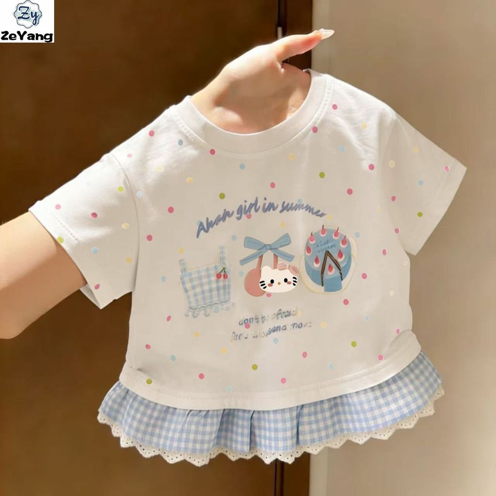 [ZY] 70-140 Camiseta infantil de algodão puro de manga curta com renda Casual curta camiseta bebê desenho animado camisa