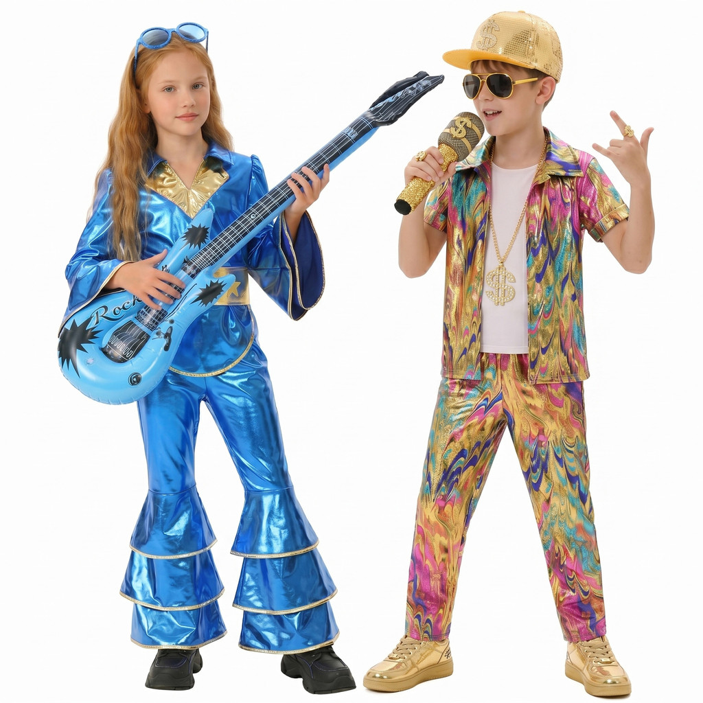Conjunto De Fantasia De Discoteca Infantil Dos Anos 70 , Roupa Retrô Hippie Rock Star Com Top Brilhante E Calça Inferior