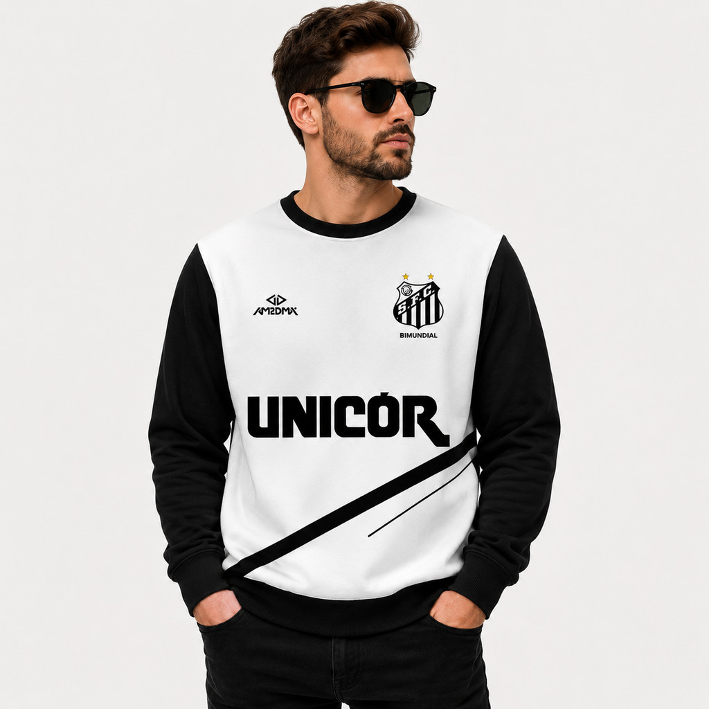 Moletom Tecido Confortavel Full Capuz Estampa Time Futebol Santo Preto e Branco Blusa de Frio