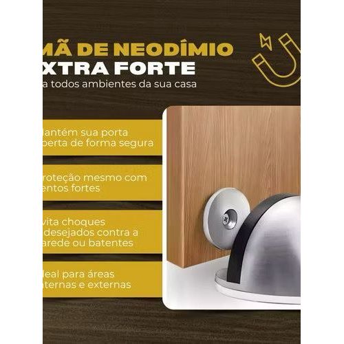 Trava Porta Magnética Inox 1/2/3/4 Unidades Limitador De Parada De Porta Anticolisão Sem Punção Com Parafusos e Buchas