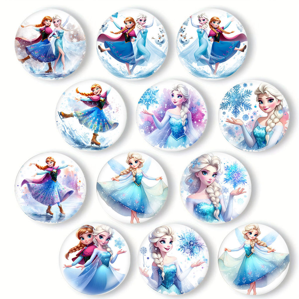 Conjunto De 12 Peças De Ímãs De Geladeira Elsa E Anna Da Disney " Frozen " , Adesivos Magnéticos De Vidro Redondo , Deco