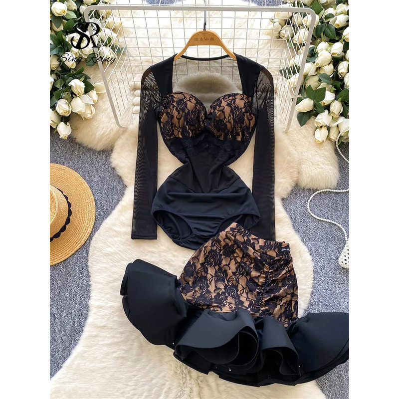 Conjunto Sexy de Renda Floral SINGREINY, Body Slim Transparente de Malha + Saia Mini Sereia com Babados, Conjunto de Dua